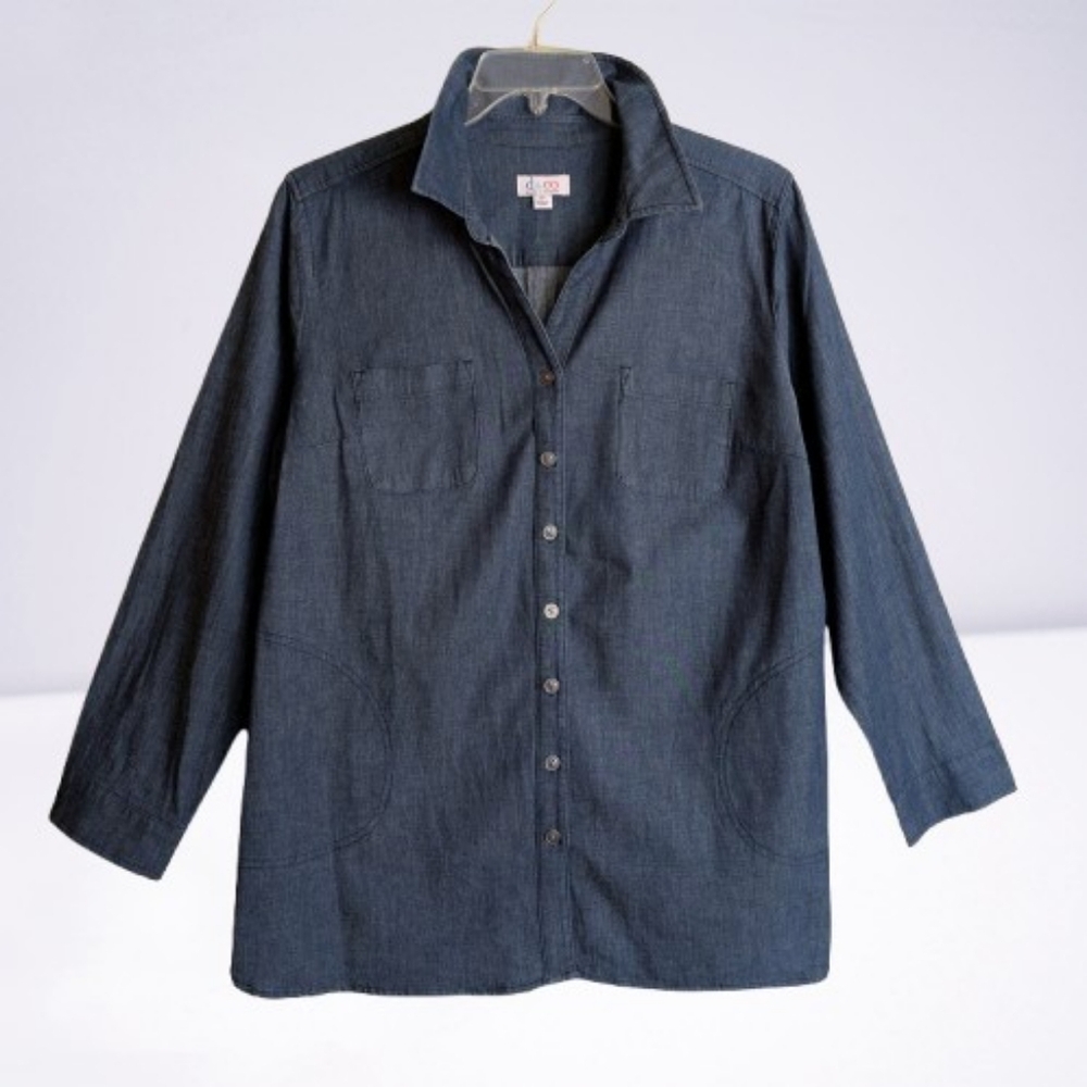Denim&Co Shirt Blue Denim Long Sleeves Cotton Spandex Size LP